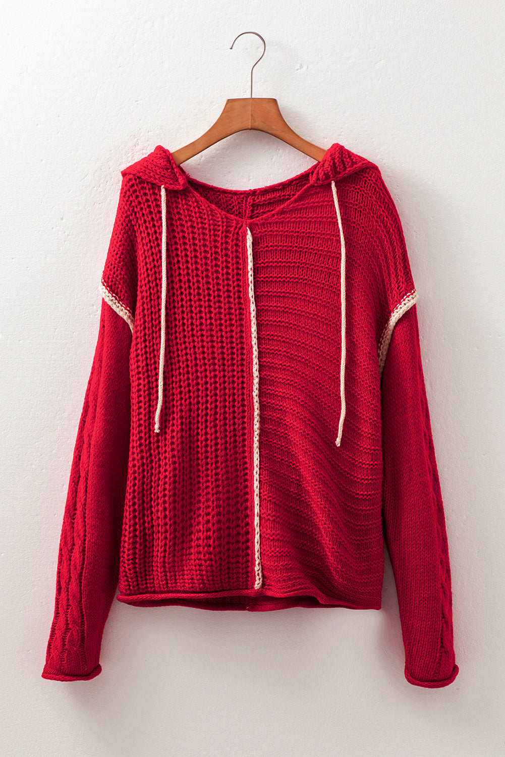 Racing Red Contrast Trim Textured Knit Drawstring Hooded Sweater