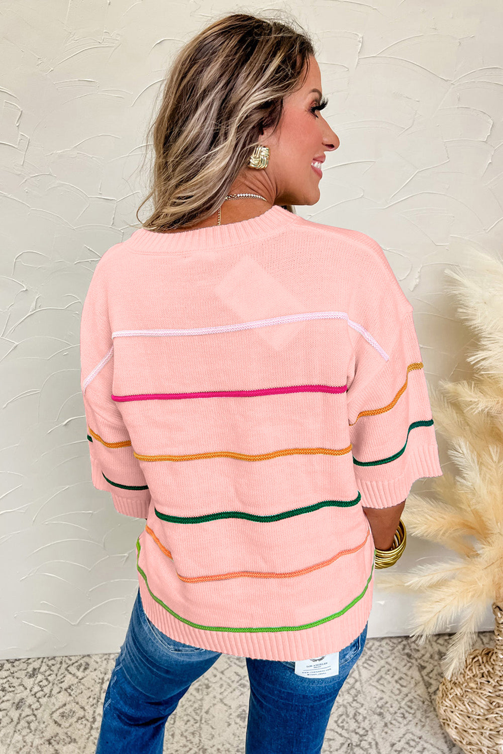 Orchid Petal Striped Half Sleeve Drop Shoulder Sweater