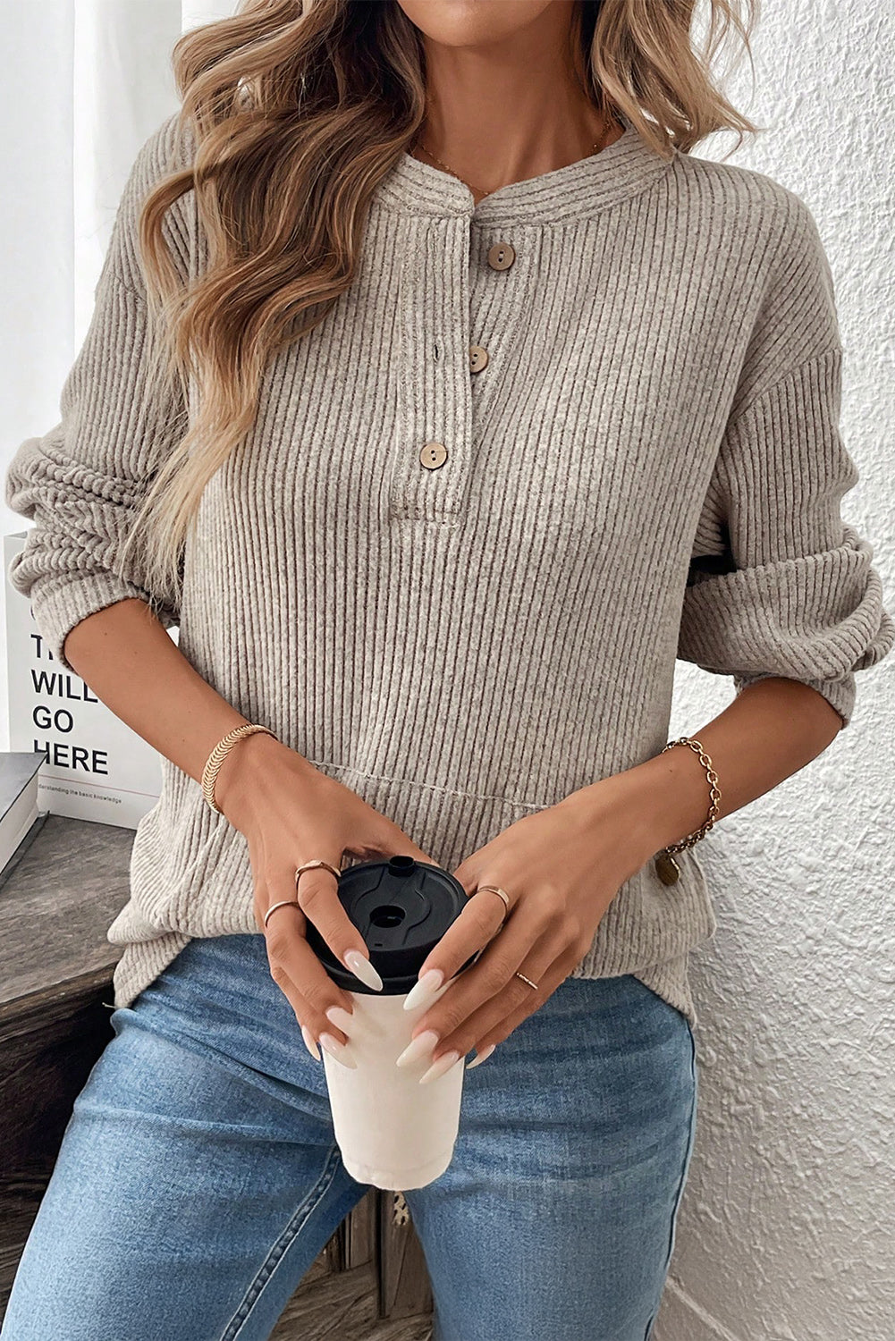 Clearly Aqua Ribbed Texture Drop Shoulder Henley Knit Top