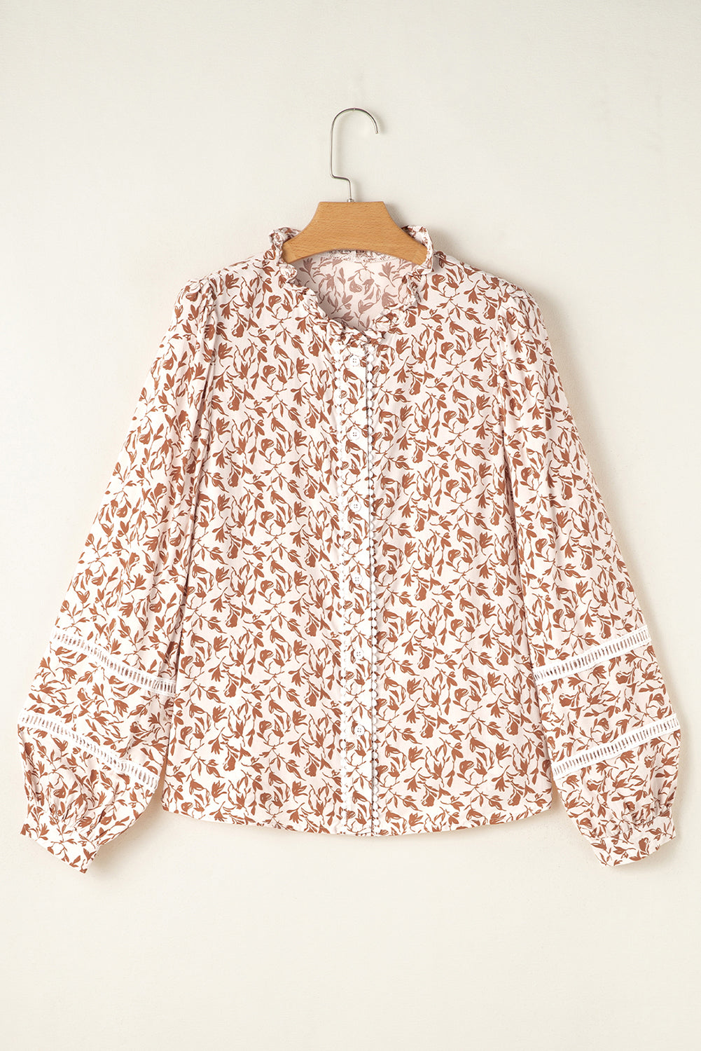 Khaki Printed Floral Print Lace Detail Puff Sleeve Fall Shirt