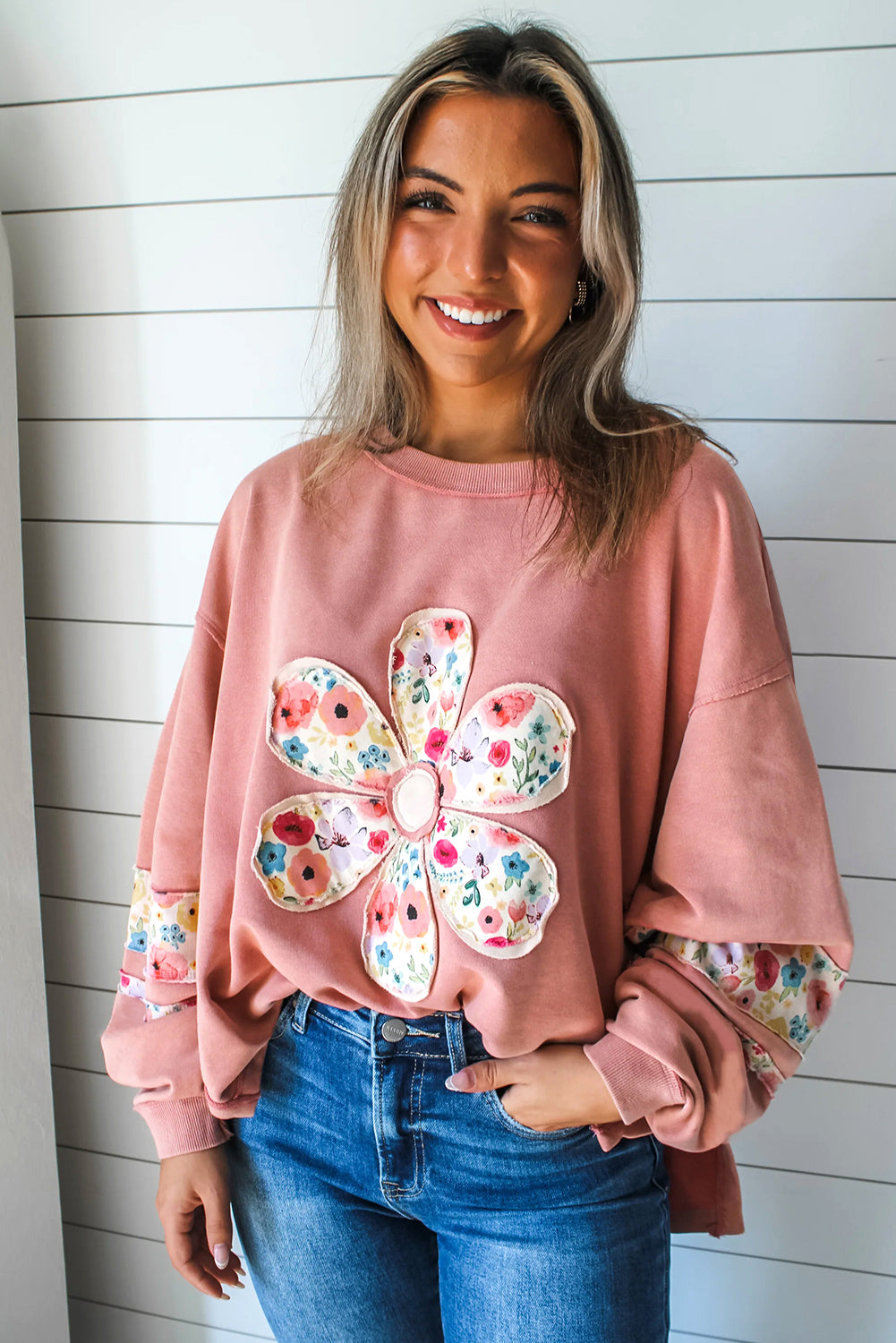 Pale Khaki Flower Applique Patchwork Drop Sleeve Pullover Sweatshirt