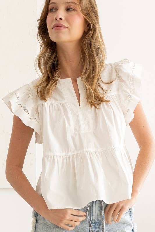 Flutter Sleeve Top with Delicate Embroidery