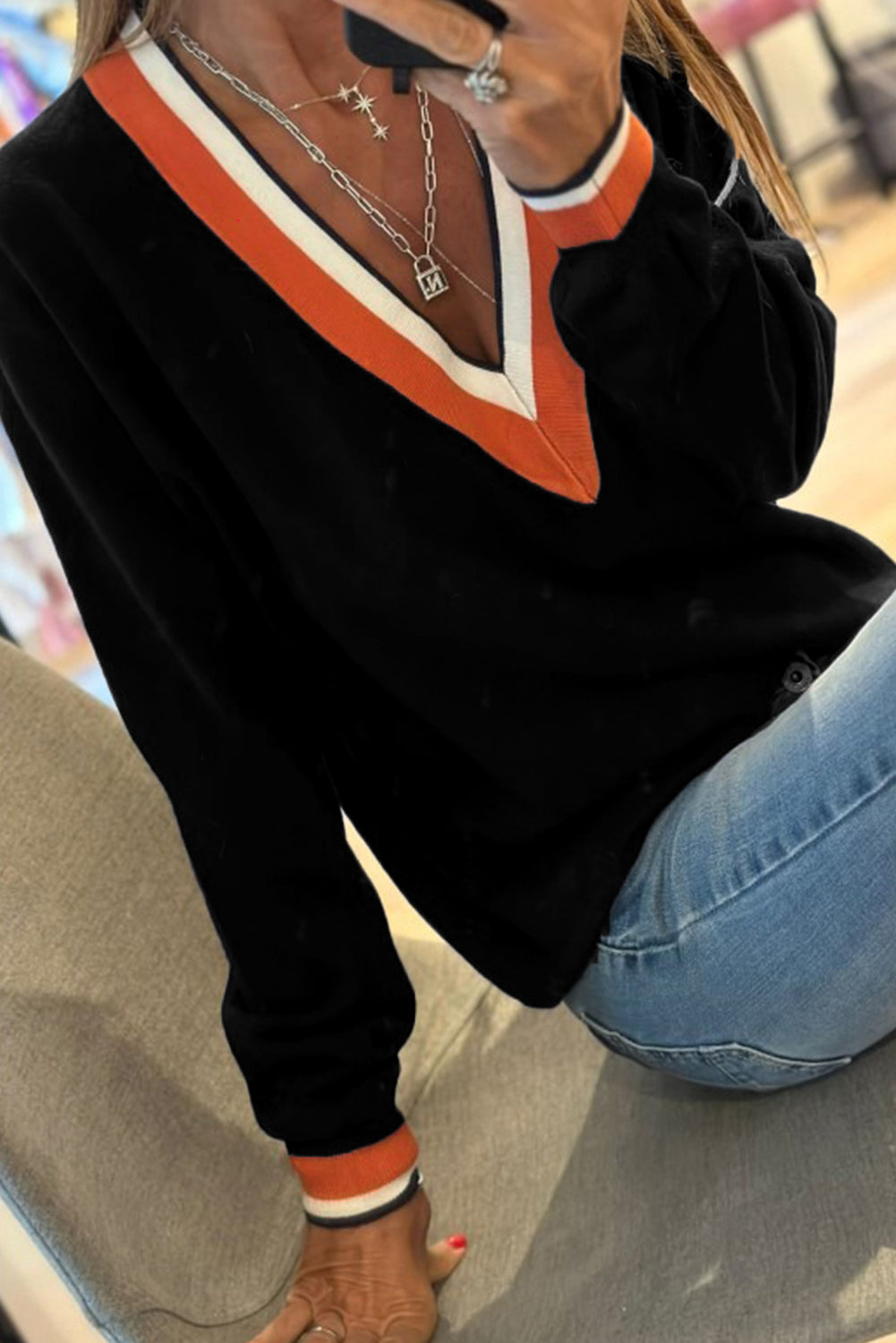 Black Contrast Striped Trim V Neck Knit Sweater