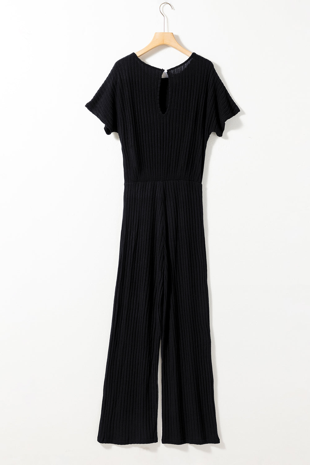 Black Ribbed Keyhole Short Sleeve Wide Leg Jumpsuit