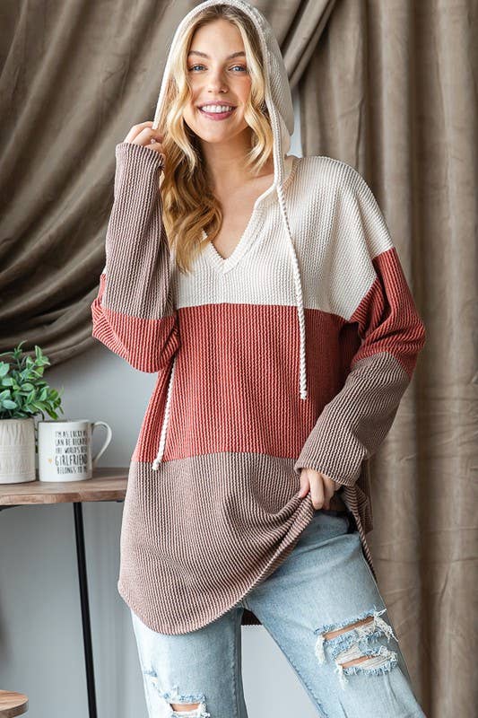 V-Neck Ribbed Drawstring Hoodie