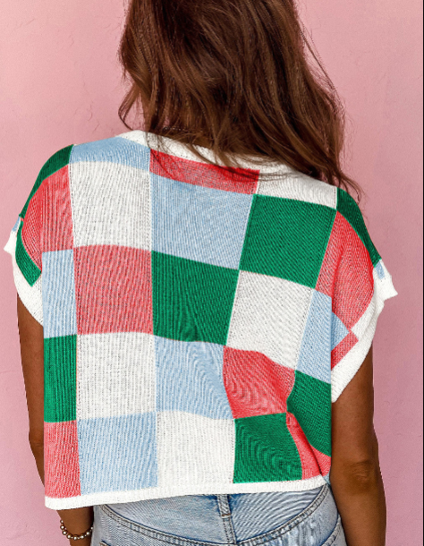 White Color Block Cap Sleeve Sweater
