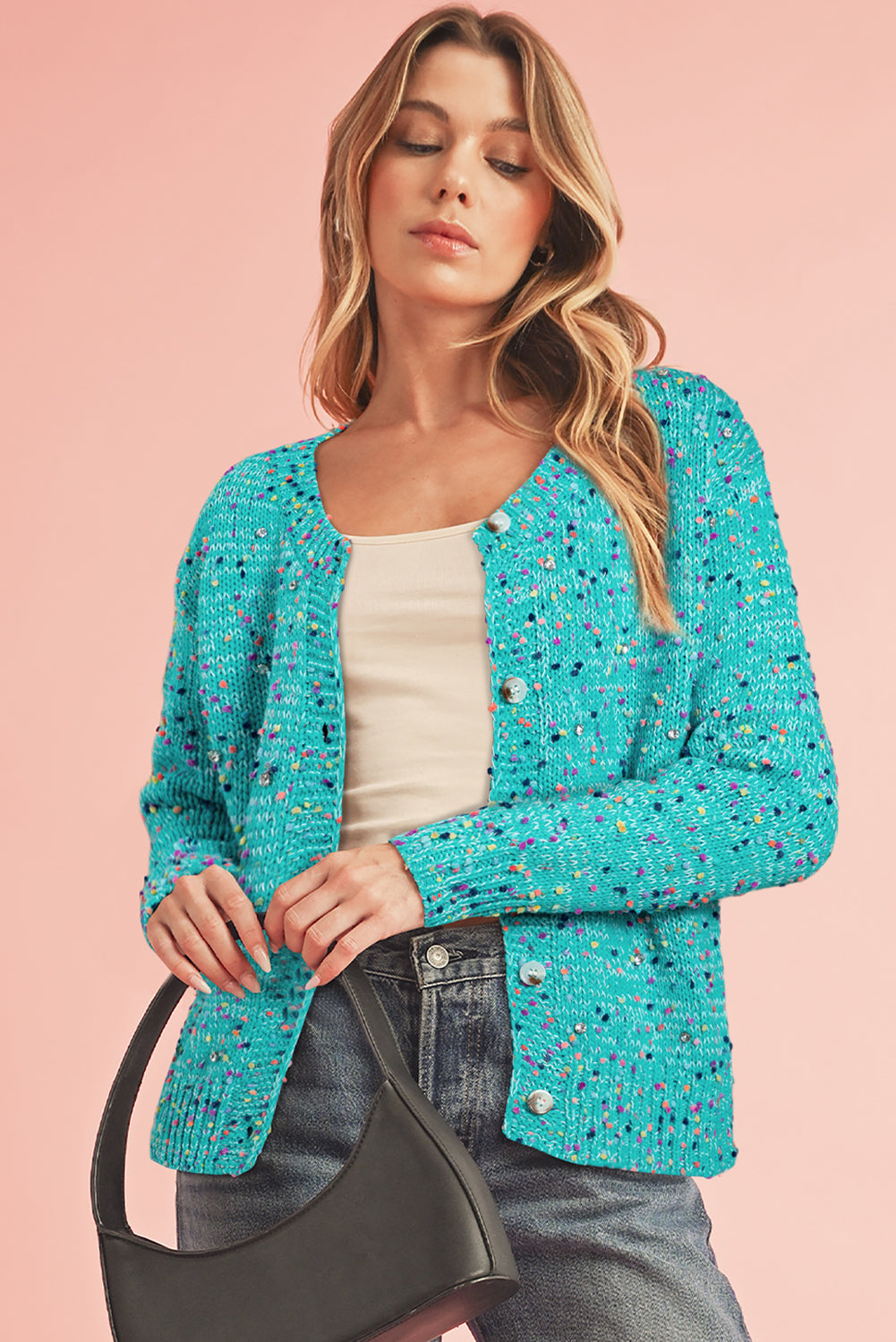 Apricot Confetti Knit Cropped Open Front Cardigan