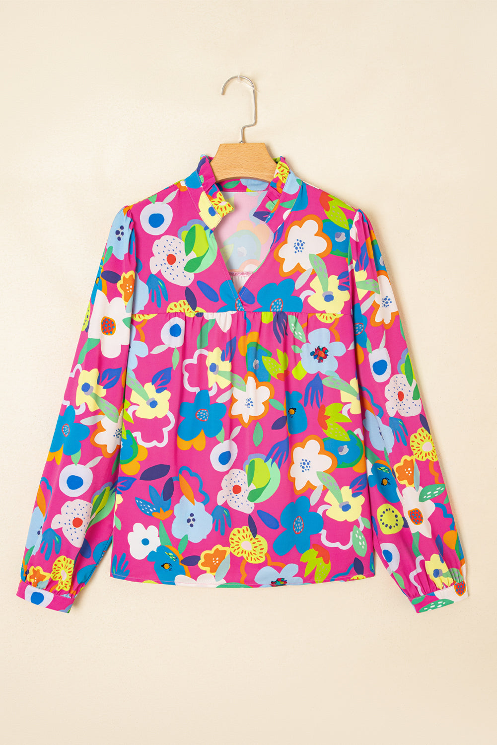 Rose Floral Puff Sleeve V Neck Blouse