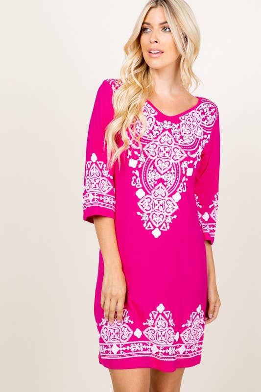 Hemish Damask Print Dress: 3/4 Sleeve