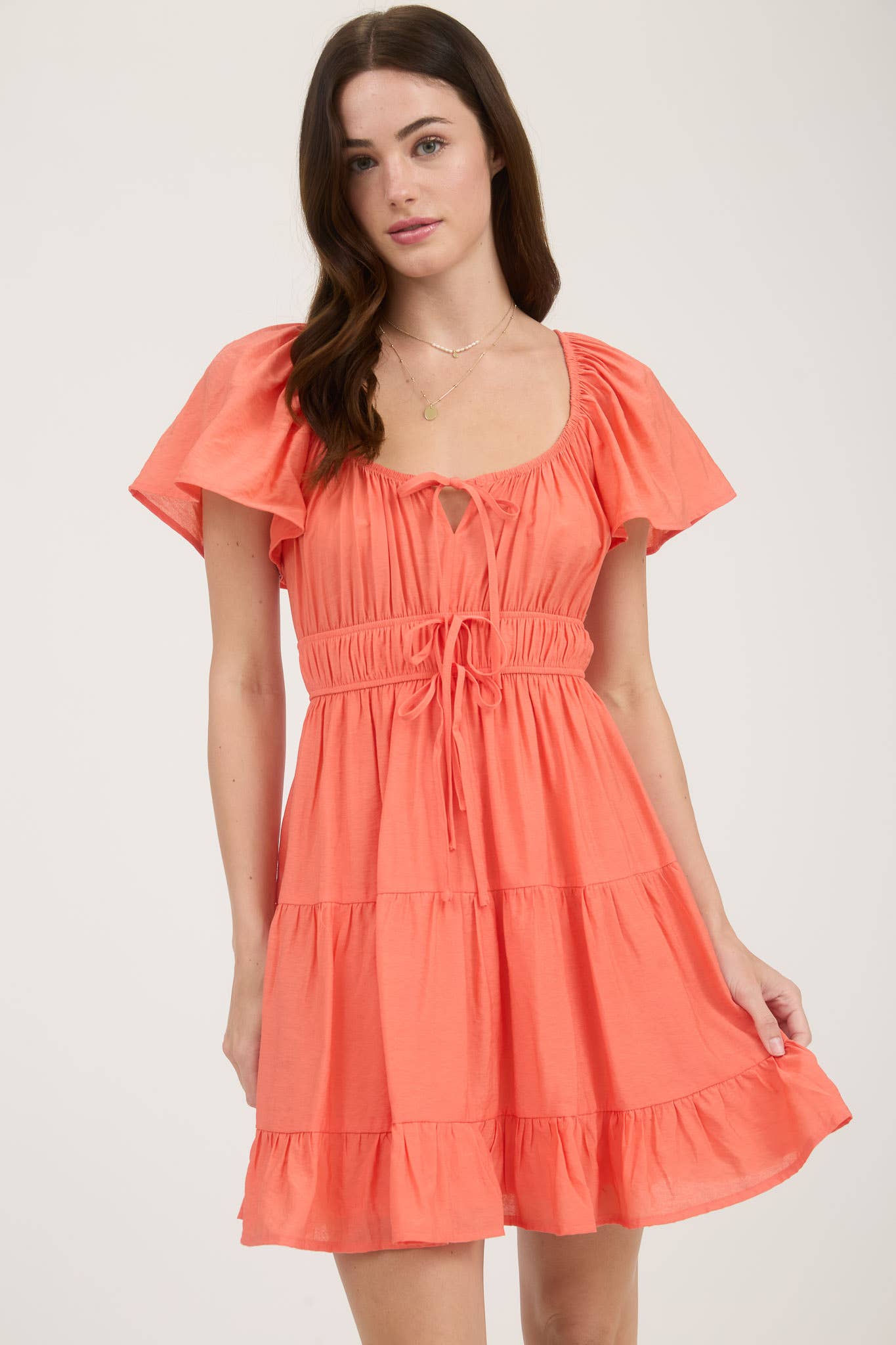 Front Tie Strap Short Sleeve Tiered Mini Dress