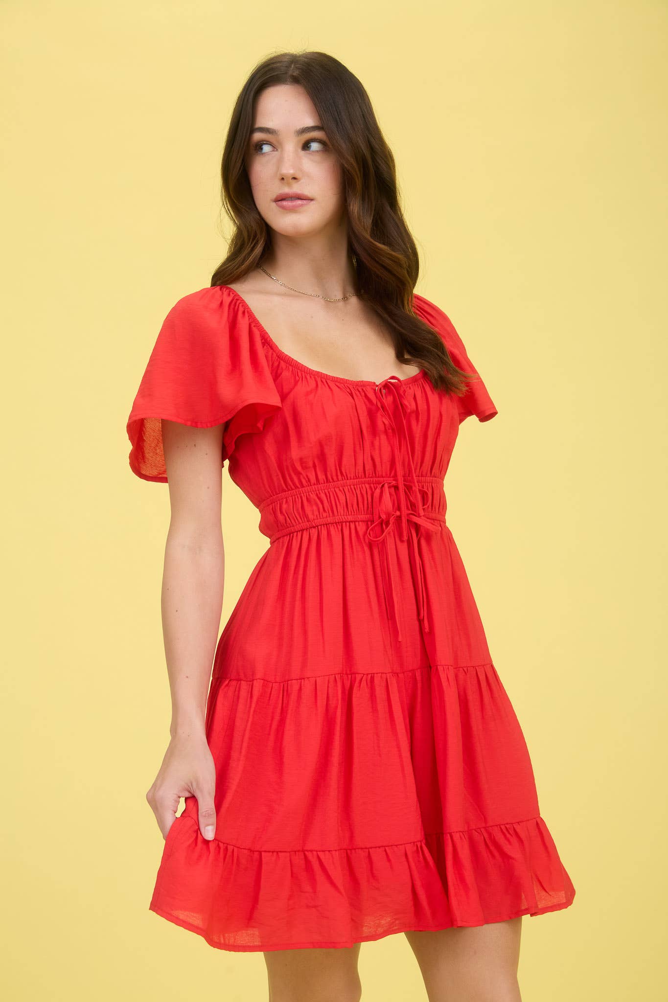 Front Tie Strap Short Sleeve Tiered Mini Dress