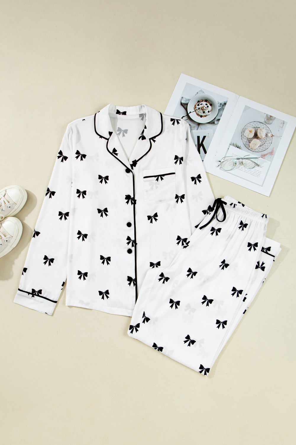 Black Bows Print Drawstring Two Piece Pajama Set