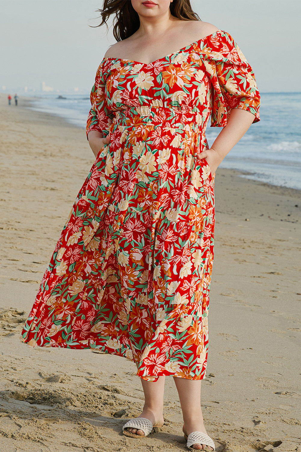 Orange Plus Size Floral V Neck Cinched Waist Maxi Dress