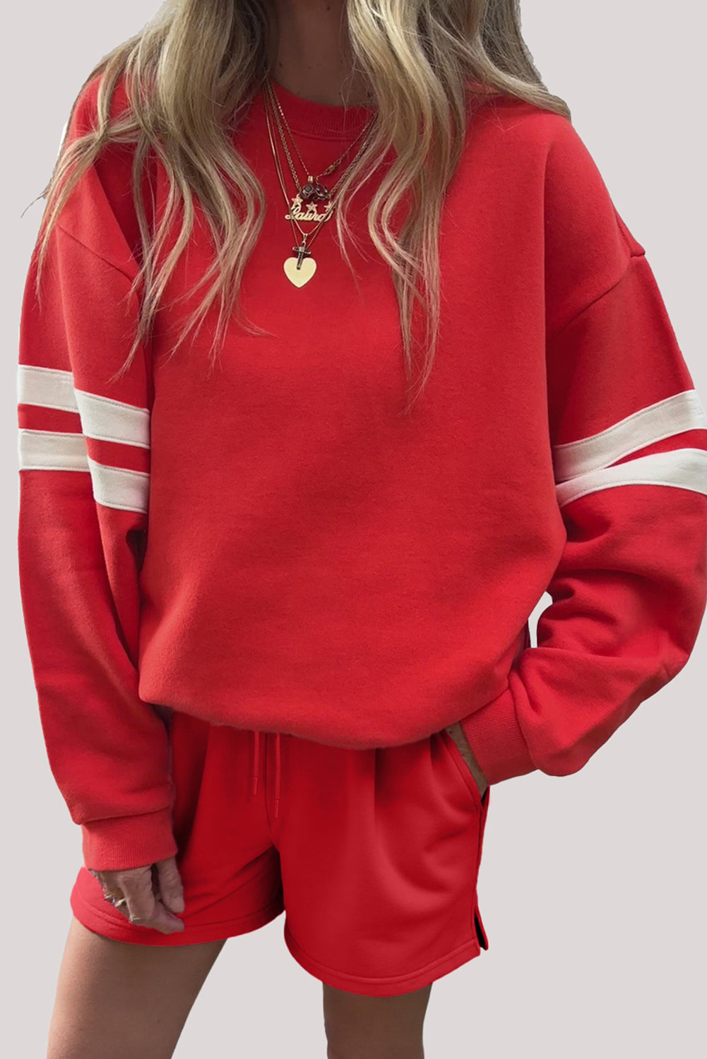 Black Varsity Striped Sleeve Drop Shoulder Sweatshirt and Shorts Set