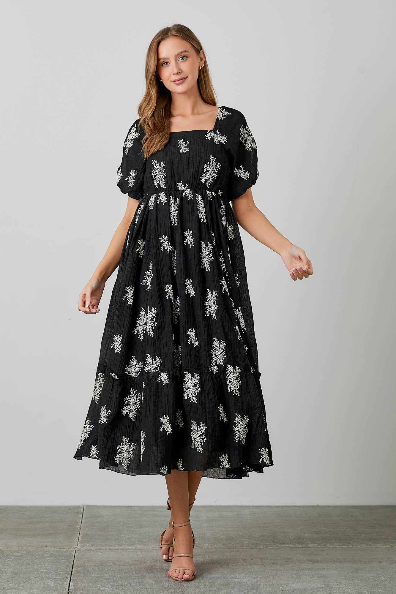 Square Neck Bubble Sleeve Maxi Dress