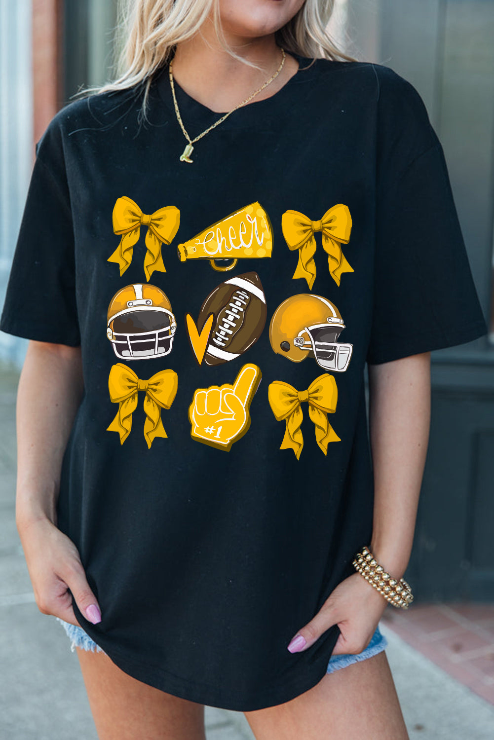 White Game Day Rugby Cheer Helmet Bow Graphic Tee