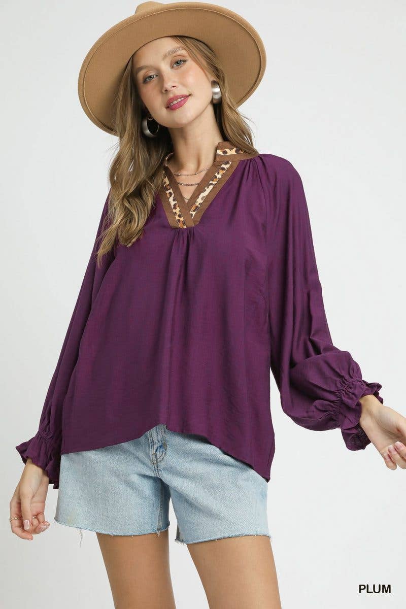 Leopard Trim V-neck Blouse