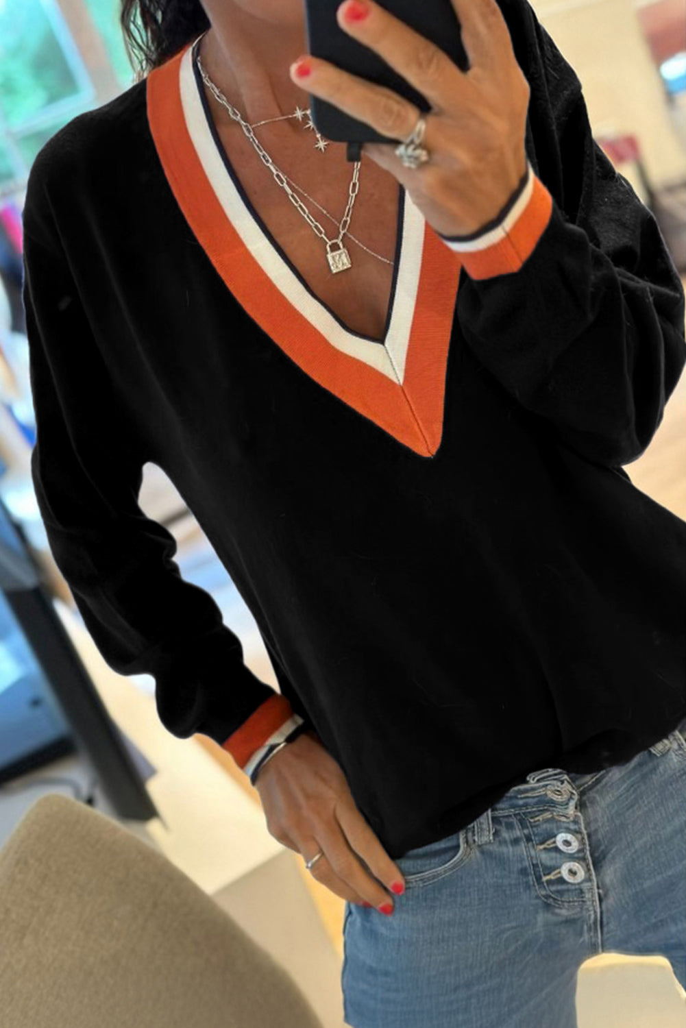 Black Contrast Striped Trim V Neck Knit Sweater