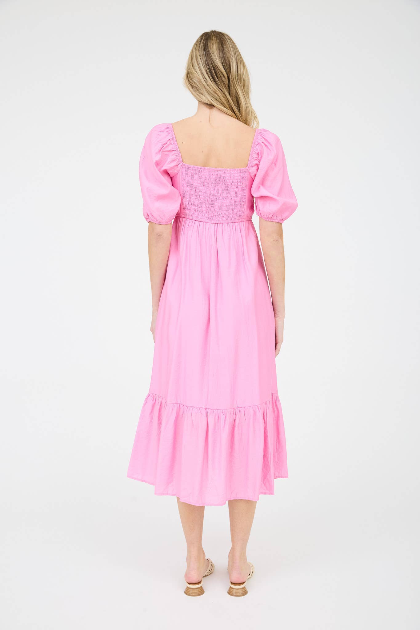 PLEATED EMPIRE WAIST PUFF SLEEVE MIDI DRESS: OFF WHITE