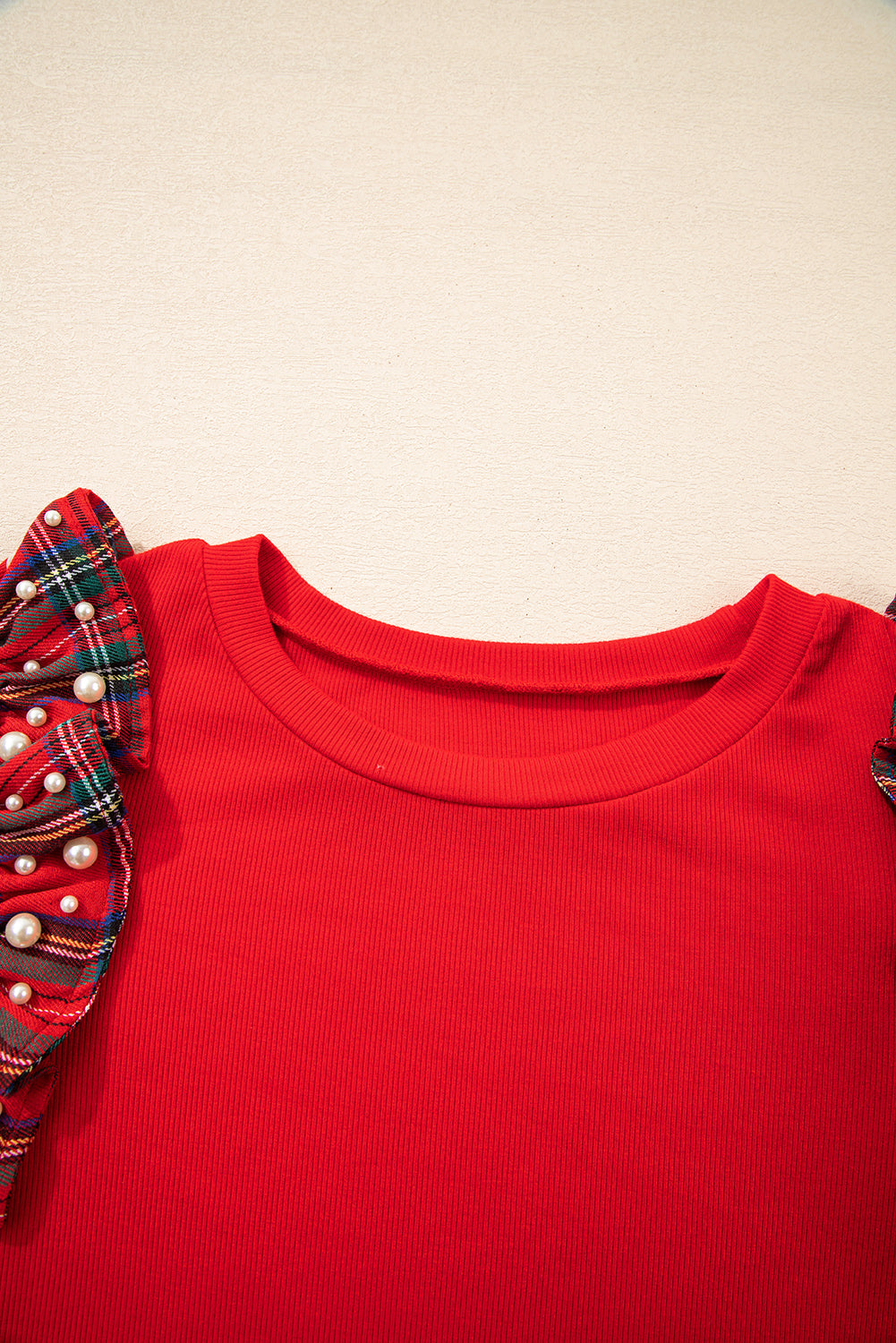 Racing Red Pearl Plaid Ruffle Sleeve Loose T Shirt