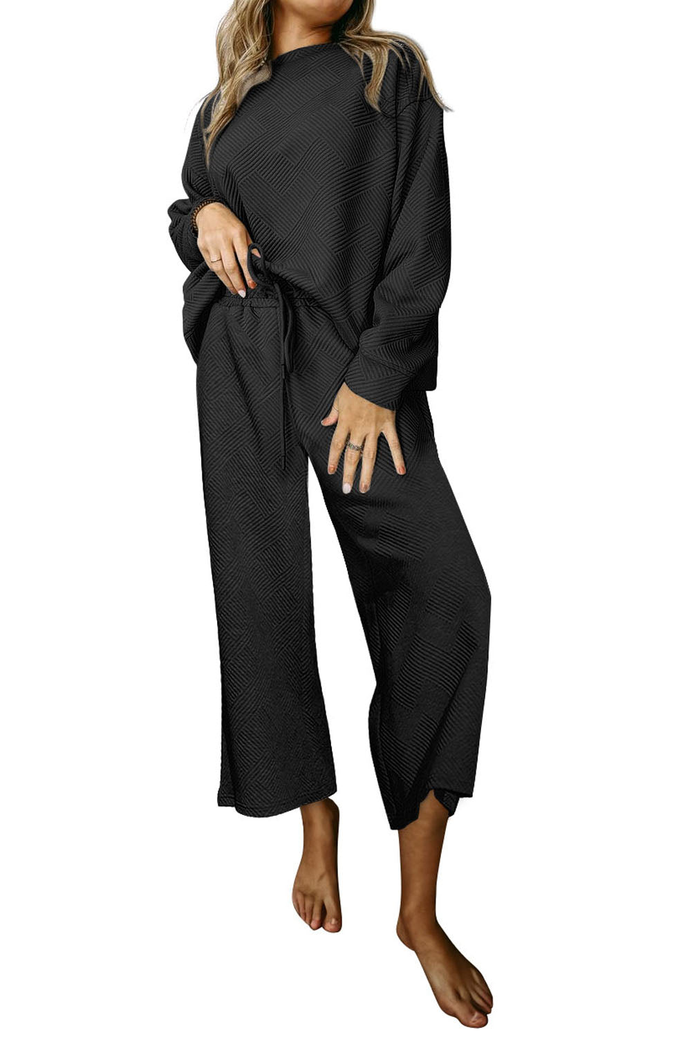 Dark Brown Textured Loose Slouchy Long Sleeve Top and Pants Set
