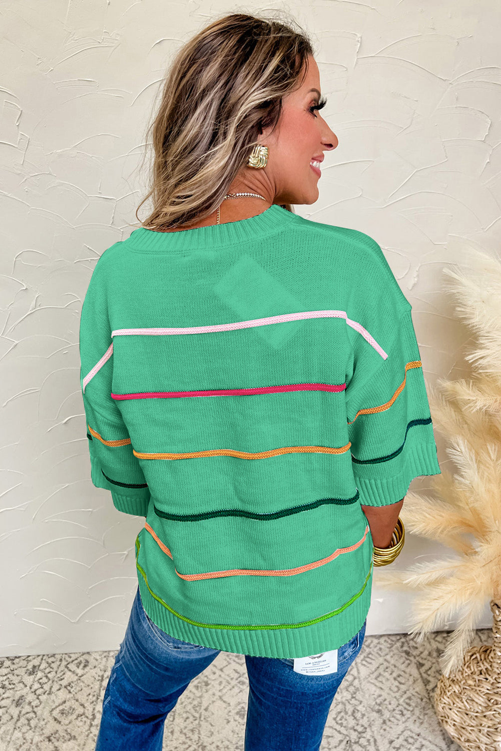 Orchid Petal Striped Half Sleeve Drop Shoulder Sweater