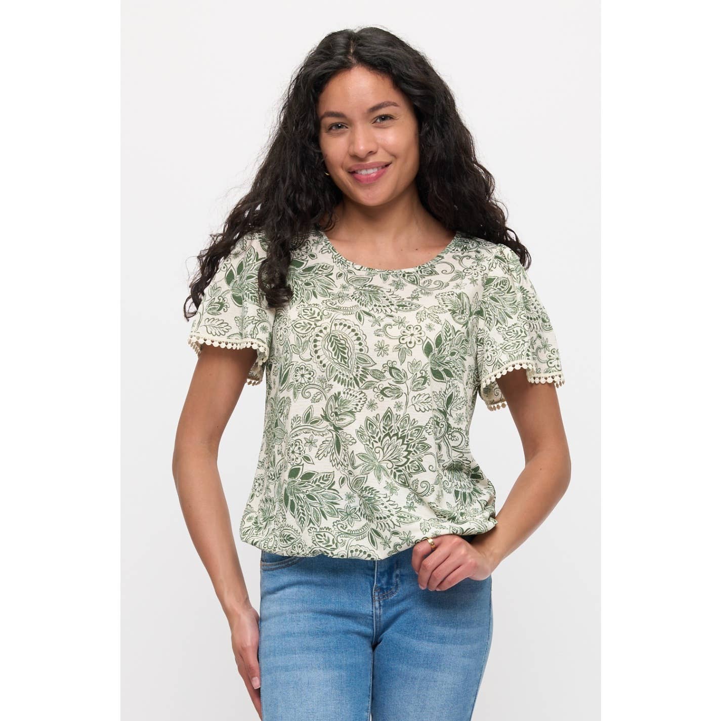 FLORAL KNIT GAUZE CROCHET FASHION TOP