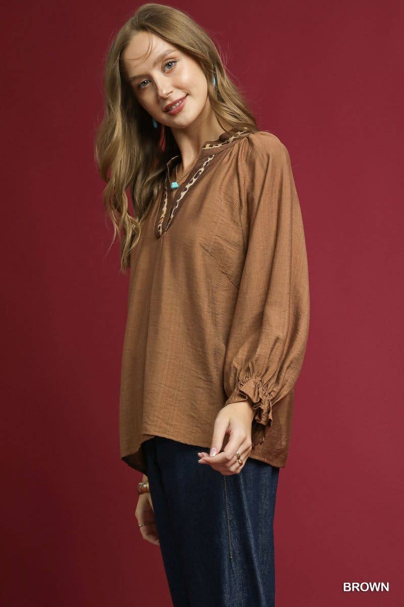 Leopard Trim V-neck Blouse