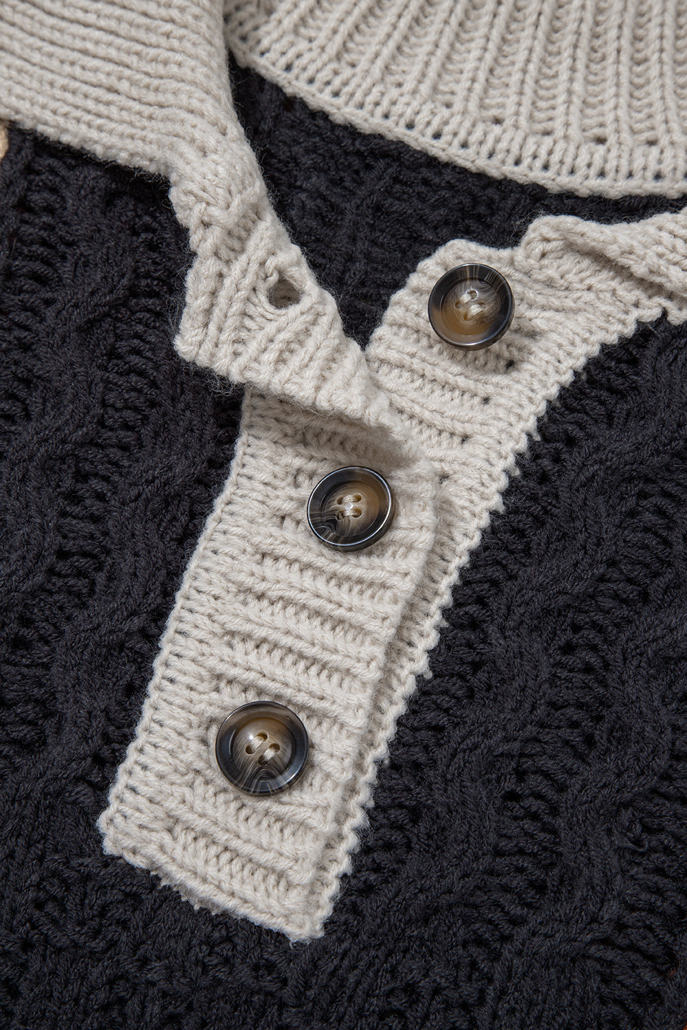 Multicolor Colorblock Cable Knit Sleeve Buttons Collared Sweater