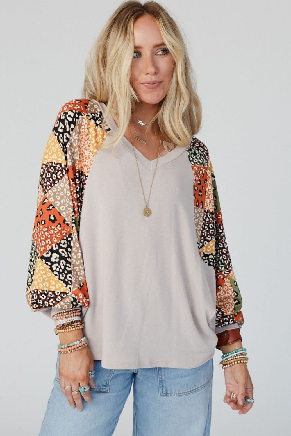 Parchment Leopard Patchwork Lantern Sleeve V Neck Loose Top