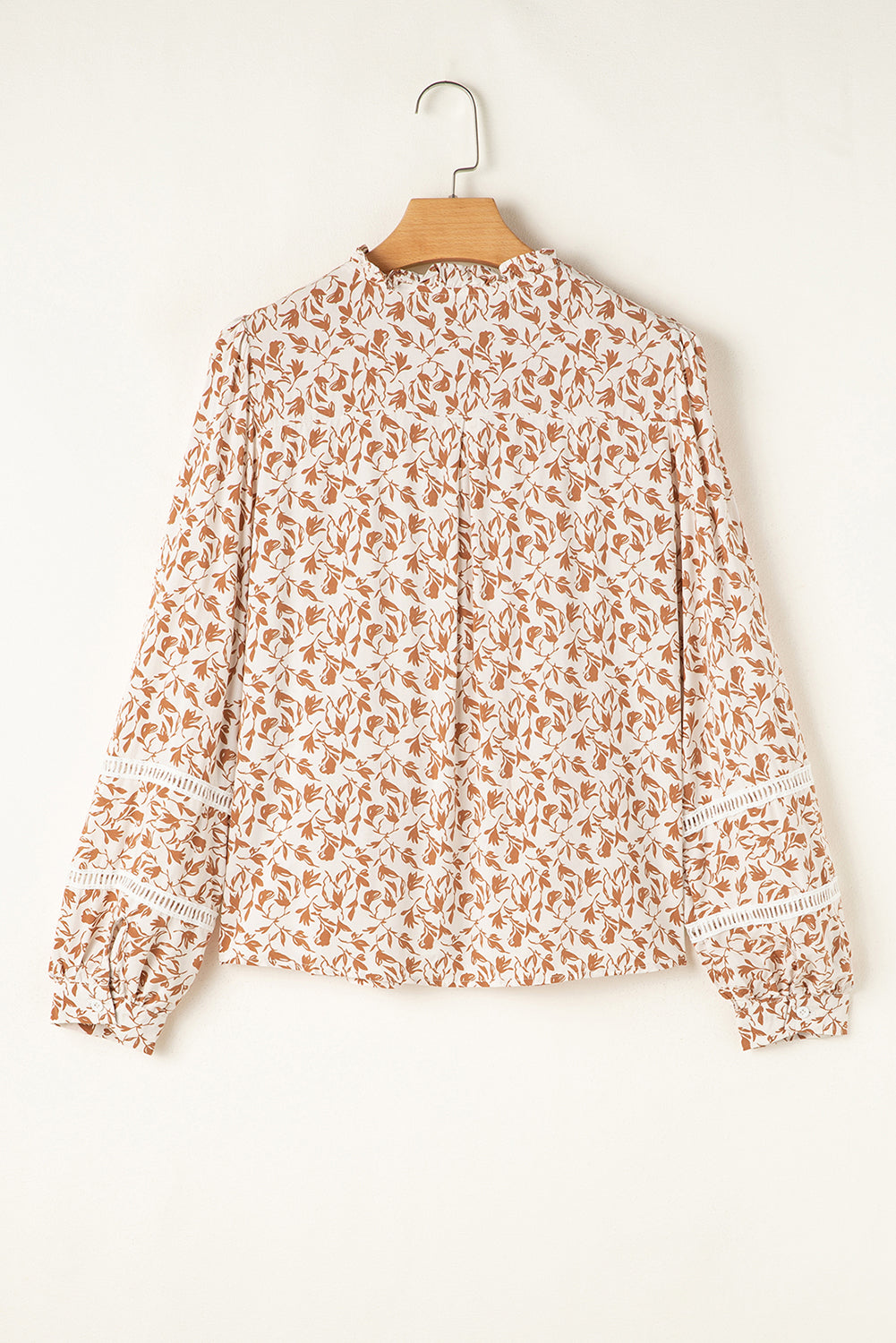 Khaki Printed Floral Print Lace Detail Puff Sleeve Fall Shirt