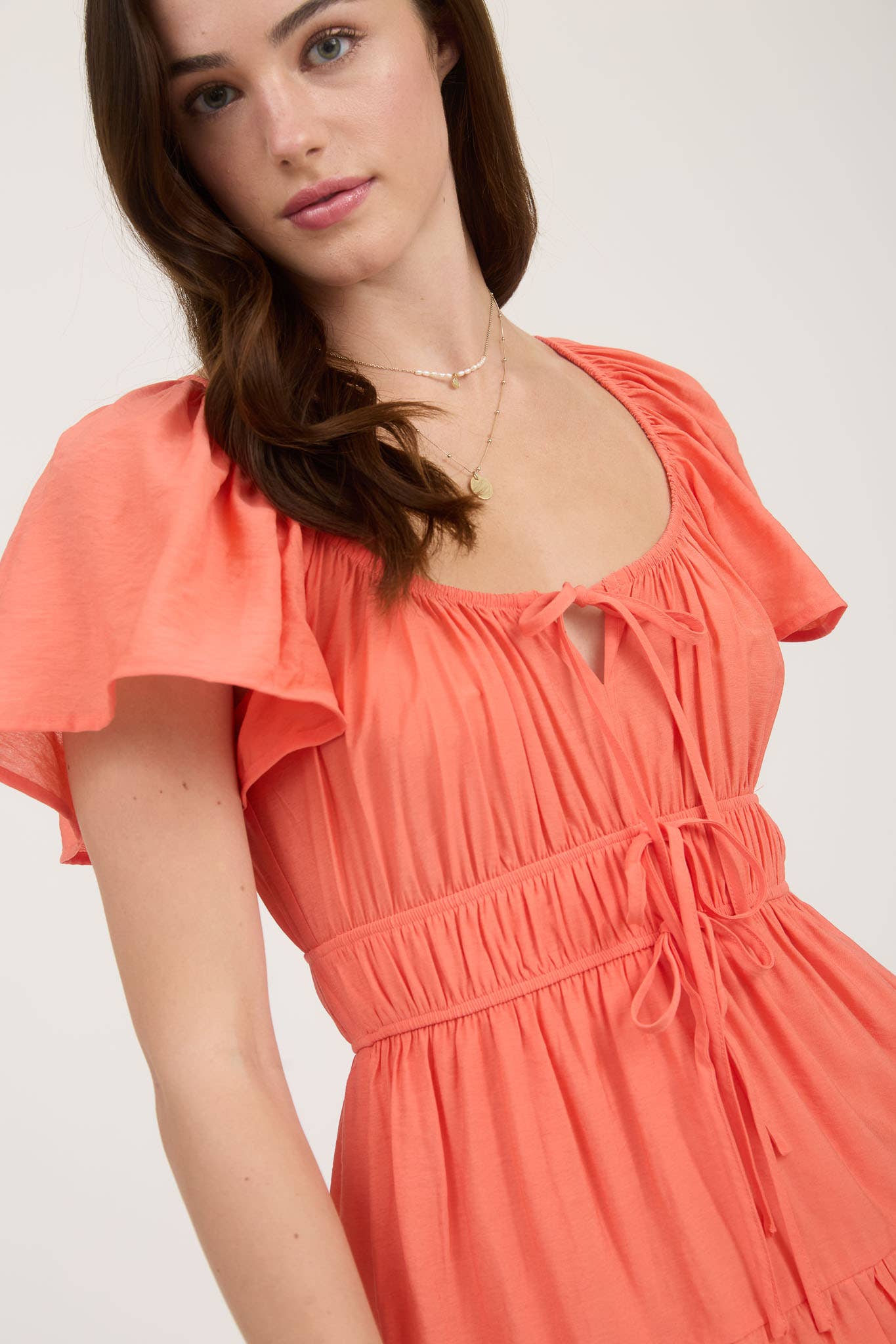 Front Tie Strap Short Sleeve Tiered Mini Dress