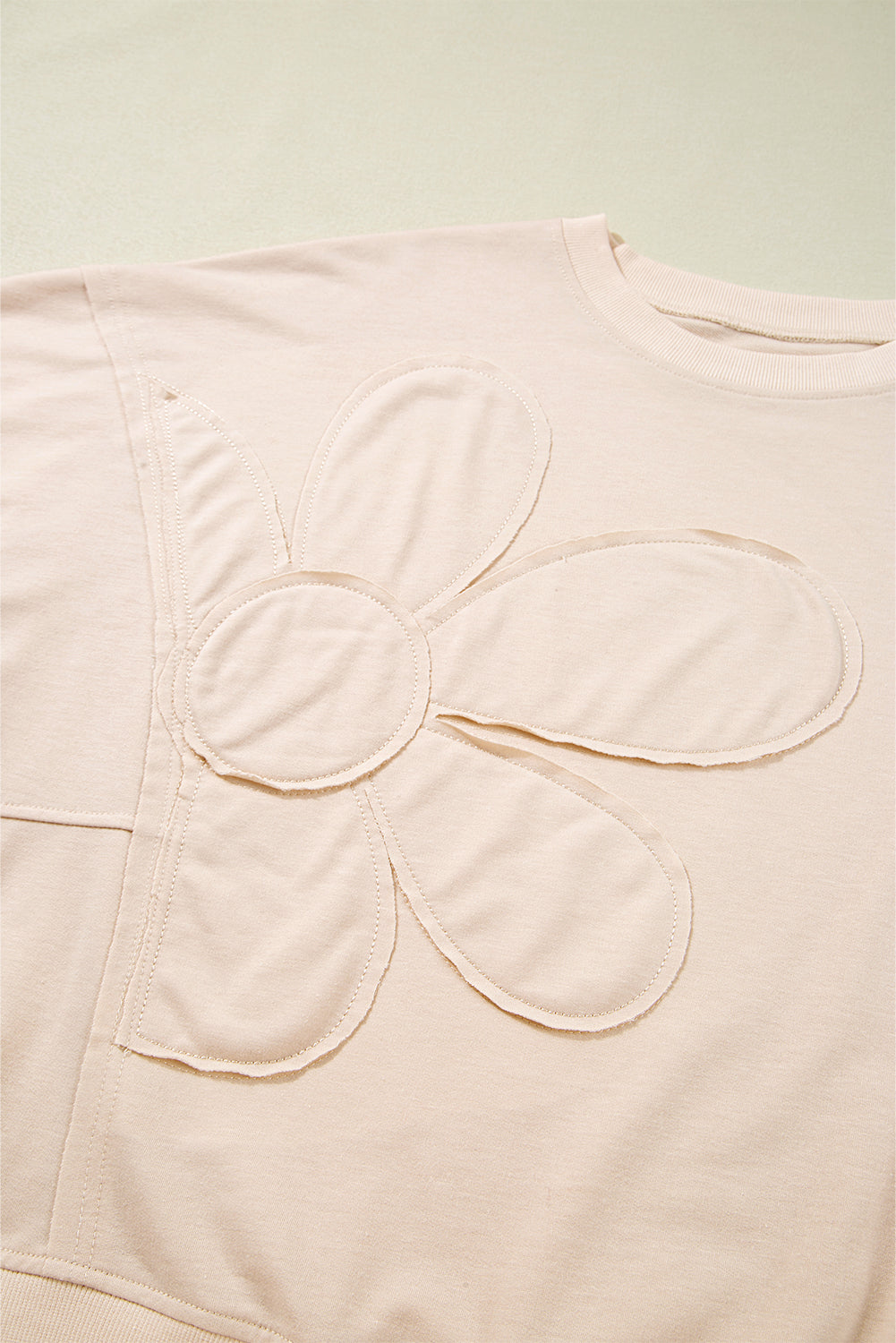 Coffee Raw Edge Flower Patch Drop Shoulder Long Sleeve Top