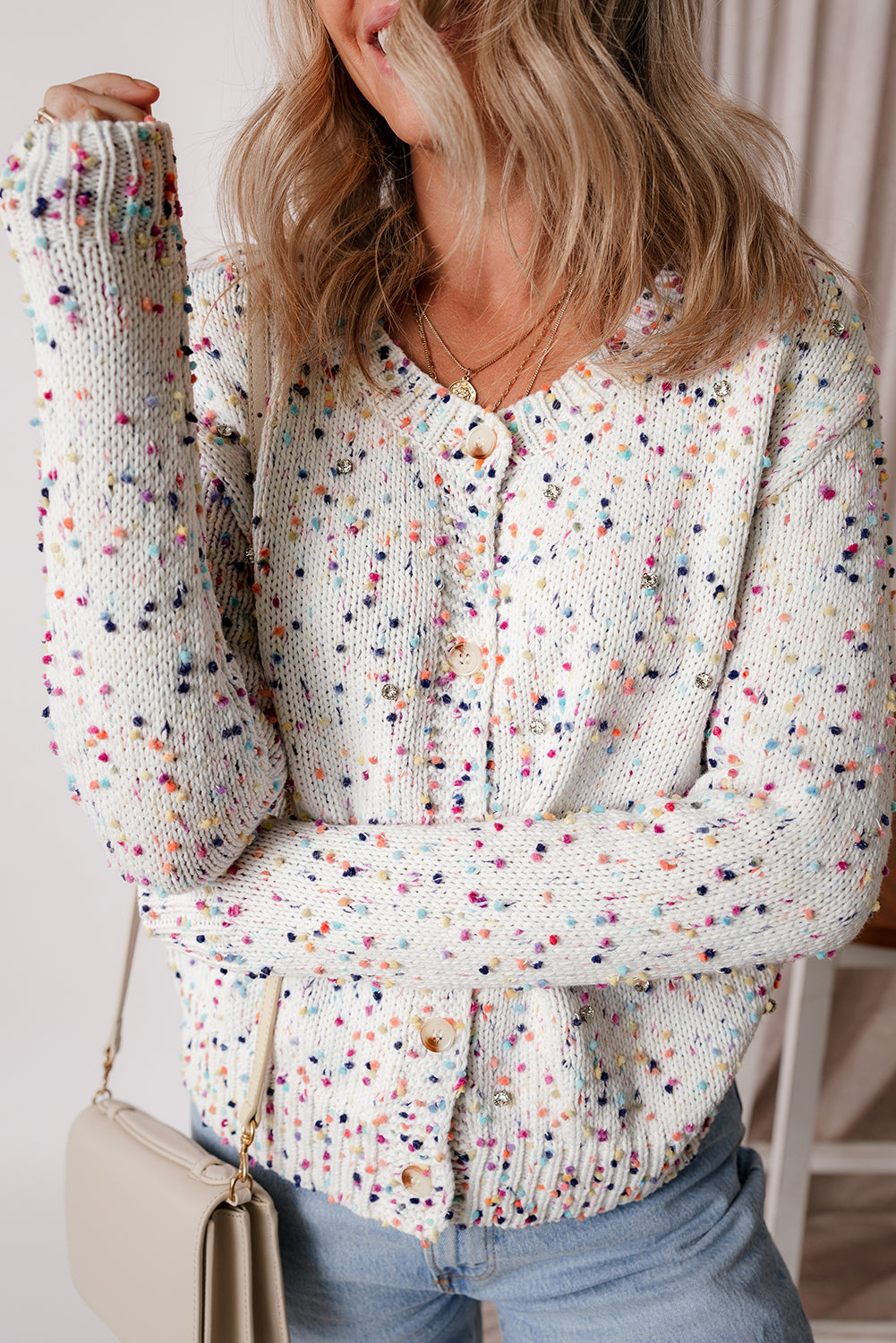 Apricot Confetti Knit Cropped Open Front Cardigan
