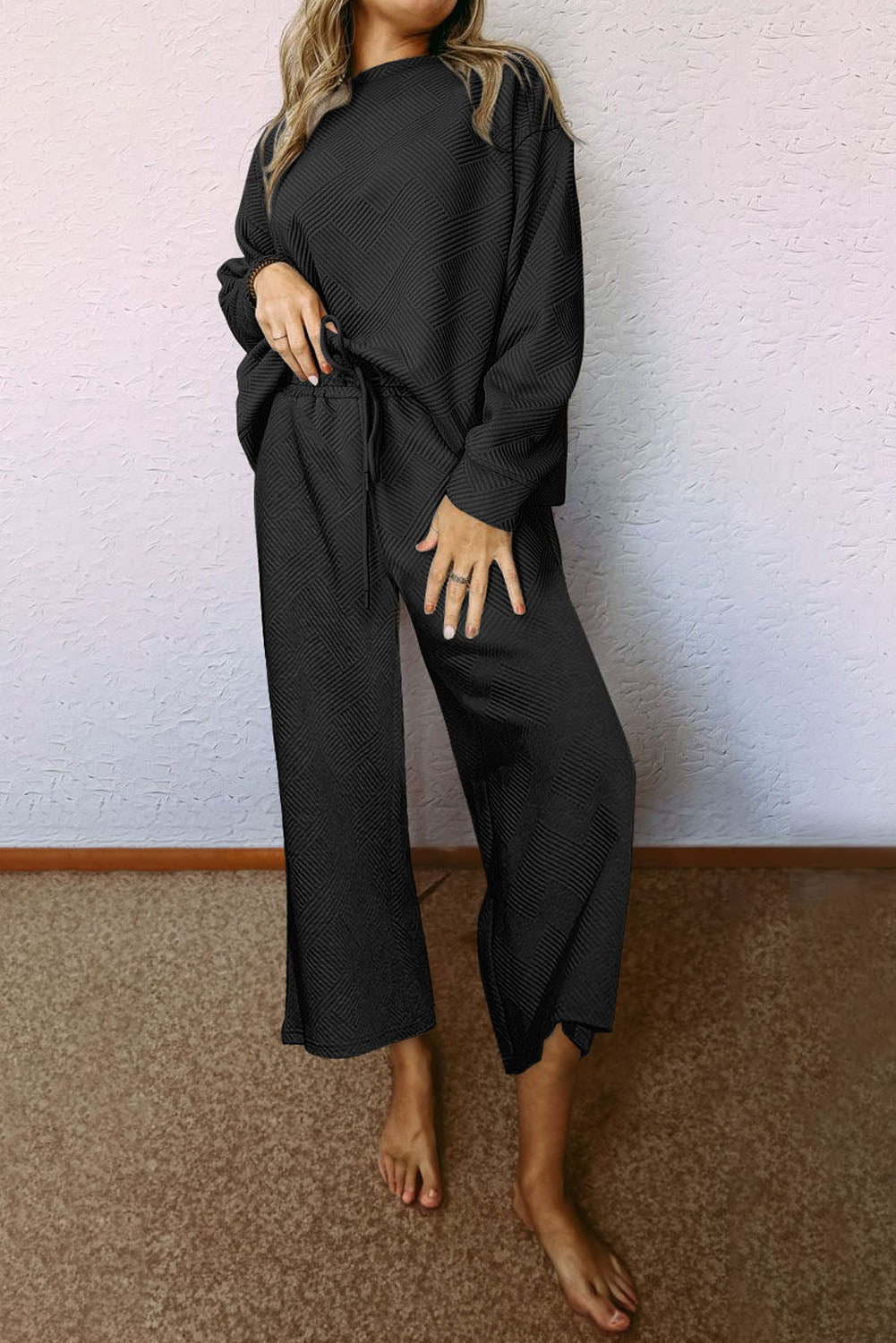 Dark Brown Textured Loose Slouchy Long Sleeve Top and Pants Set