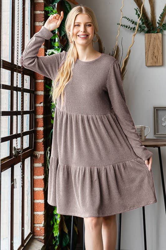 LONG SLEEVE SOLID URBAN RIBBED TIERED MINI DRESS