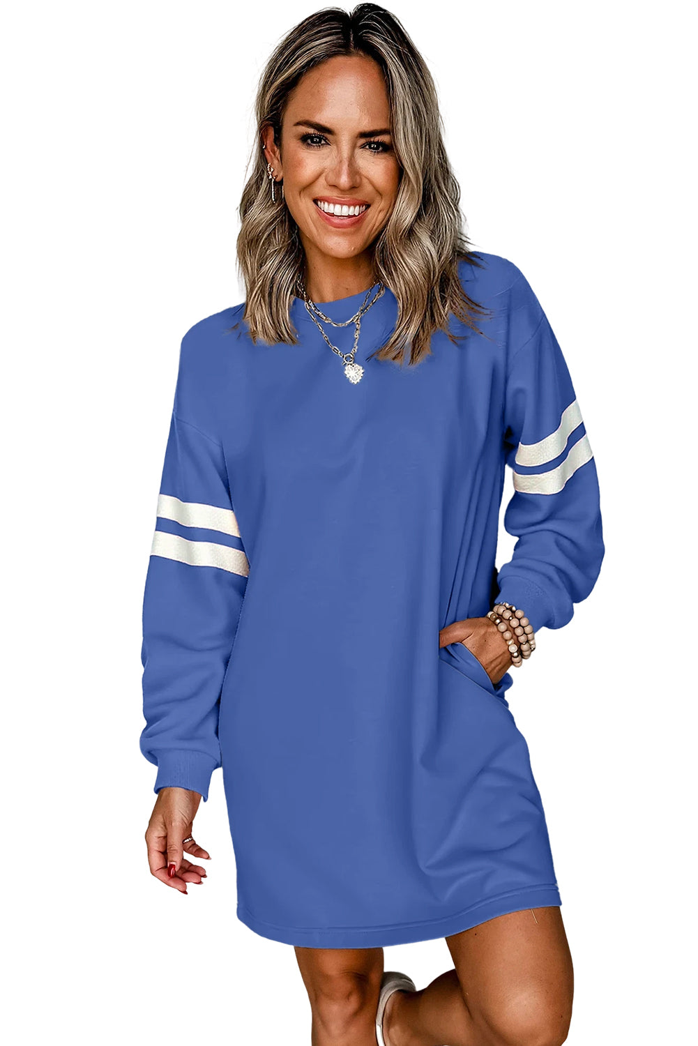 Tillandsia Purple Preppy Striped Sleeve Loose Mini Dress