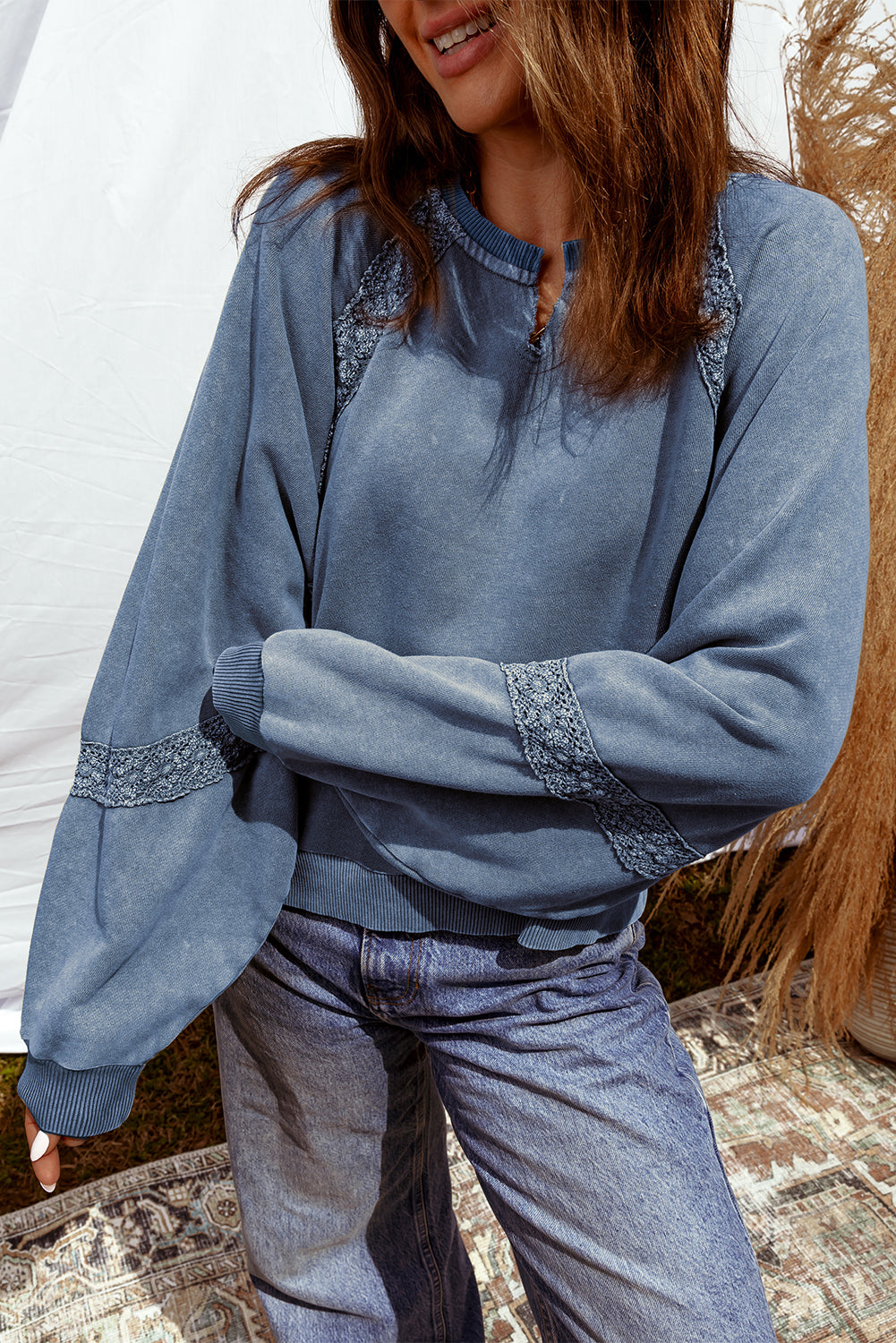 Rose Red Lace Applique Notched Neck Mineral Wash Baggy Sweatshirt