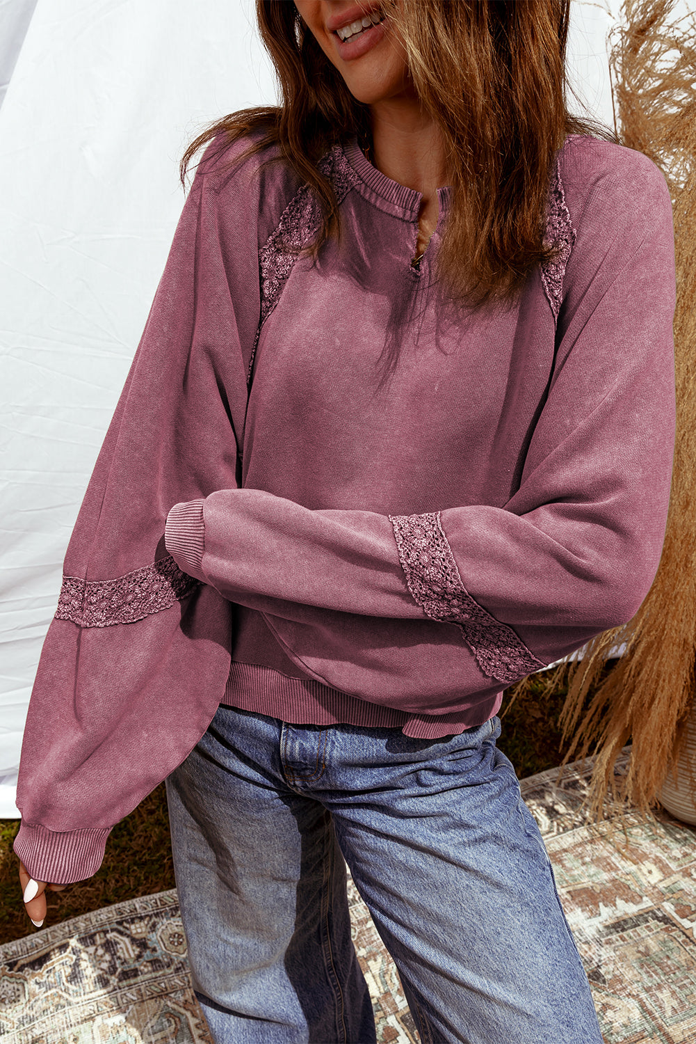 Rose Red Lace Applique Notched Neck Mineral Wash Baggy Sweatshirt
