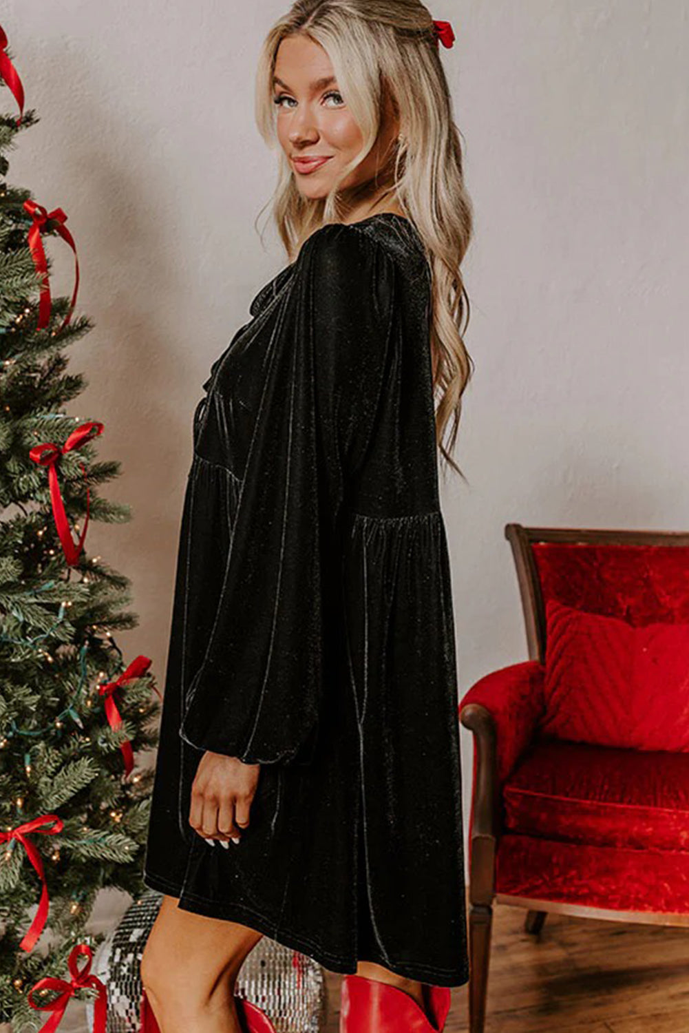 Black Front Tie Velvet Bubble Sleeve Mini Dress