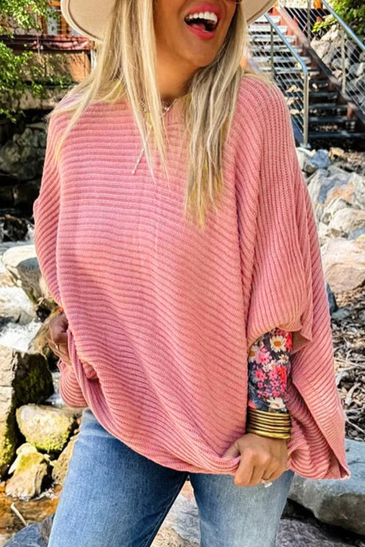 Light Pink Ribbed Knit Half Sleeve Plus Size Poncho Style Sweater