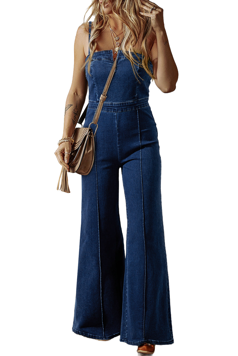 Black Seamed Zipper Spaghetti Strap High Waist Flared Jumpsuit