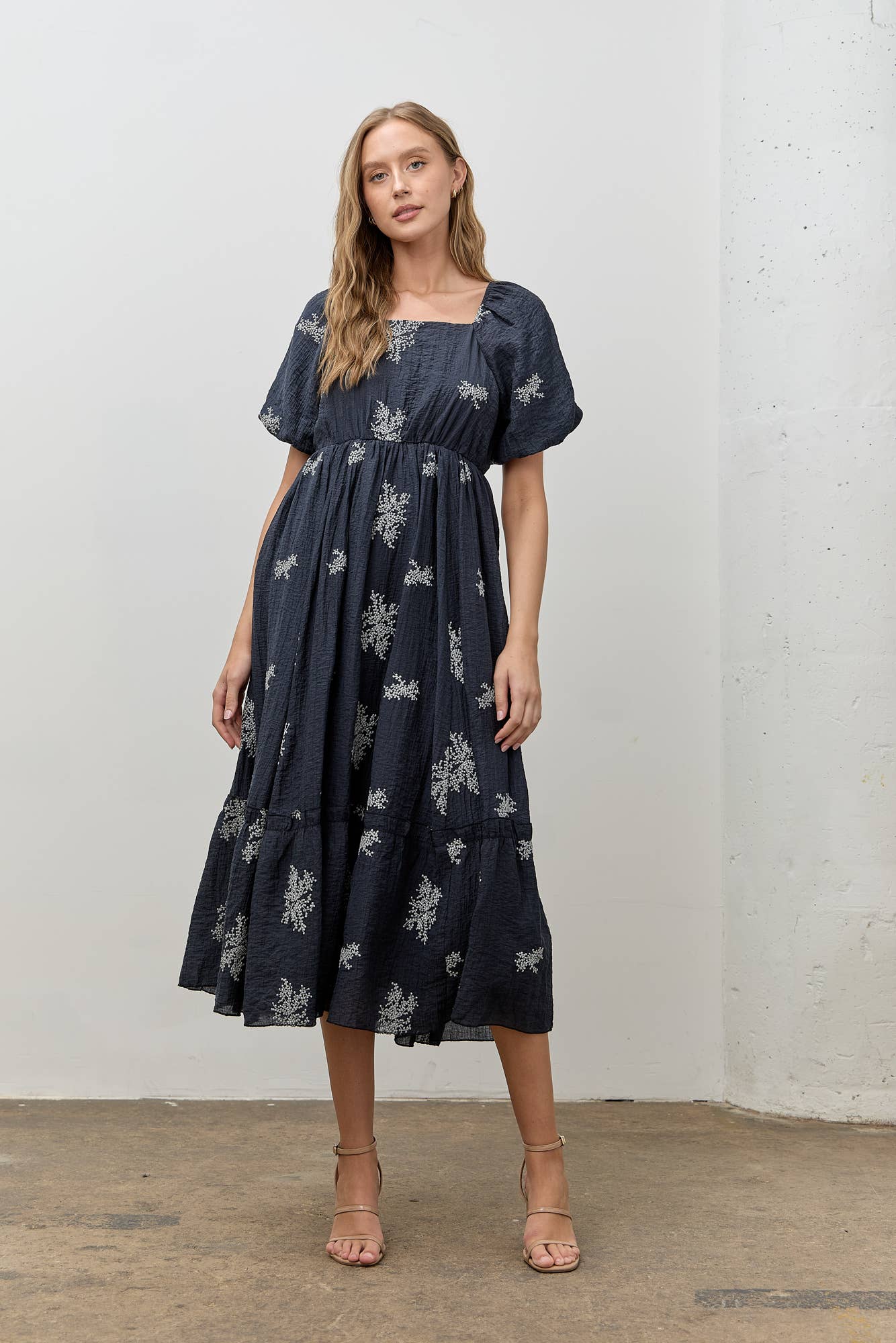 Square Neck Bubble Sleeve Maxi Dress