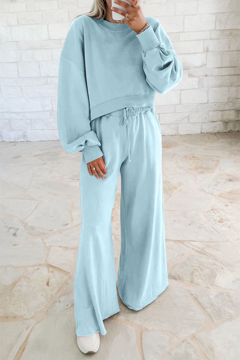 Flamingo Drop Shoulder Crop Pullover Drawstring Wide Leg Pants Set