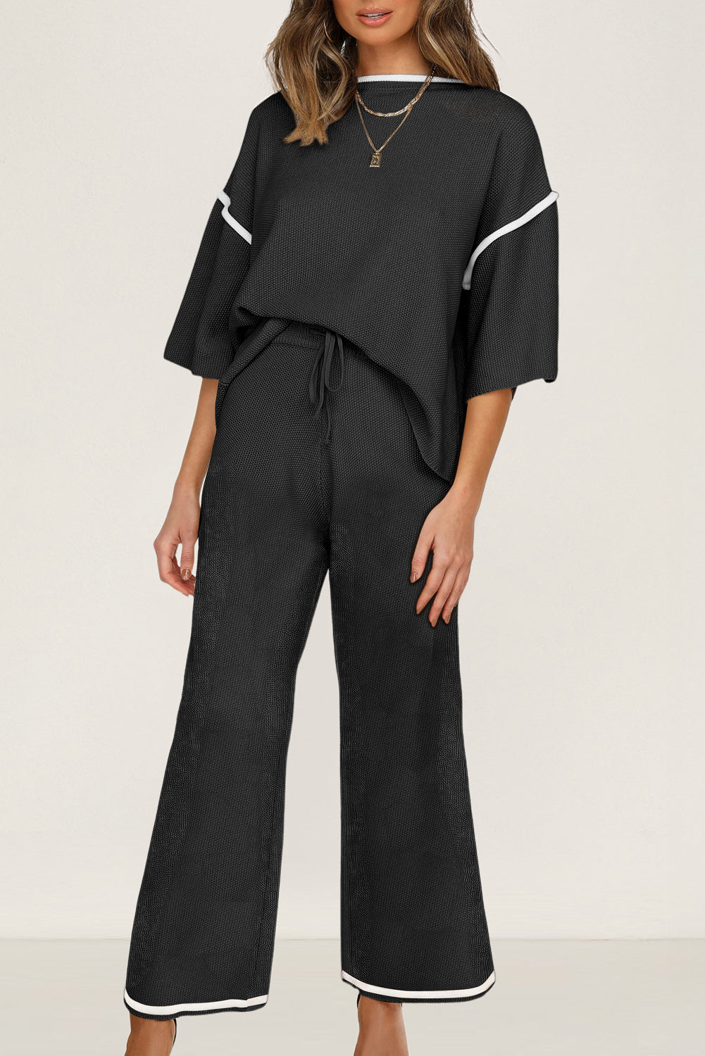 Bright Pink Loose Contrast Trim Half Sleeve Top and Drawstring Pants Set