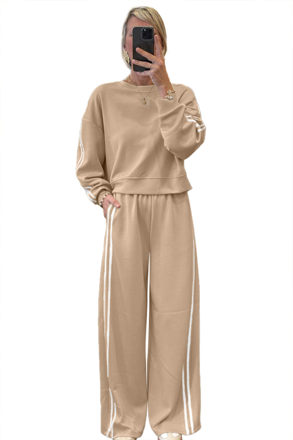 Dirty Blue Varsity Striped Detail Cropped Pullover Wide Leg Pants 2pcs Outfit