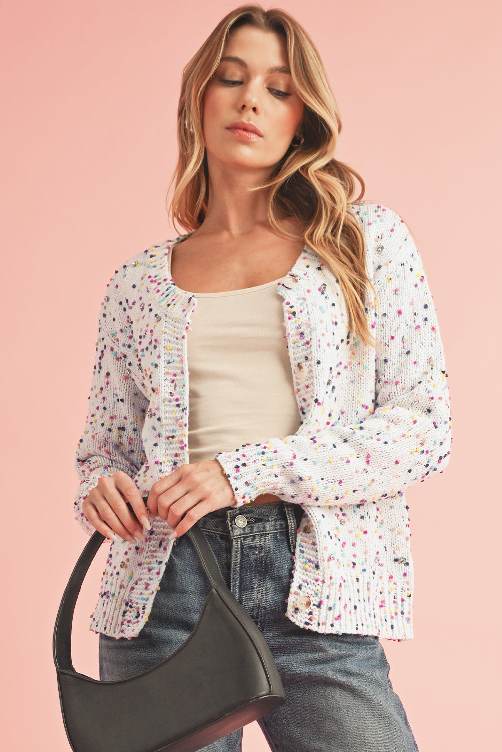 Apricot Confetti Knit Cropped Open Front Cardigan
