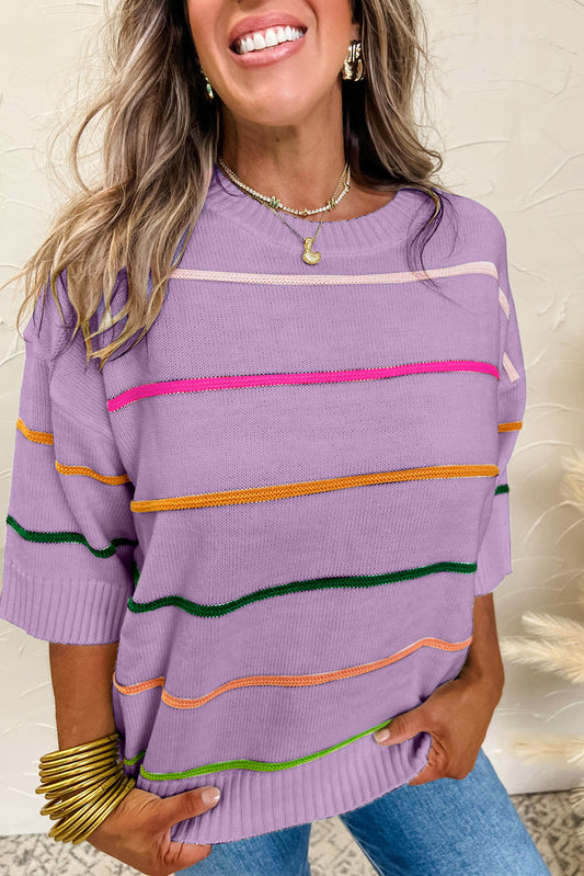 Orchid Petal Striped Half Sleeve Drop Shoulder Sweater