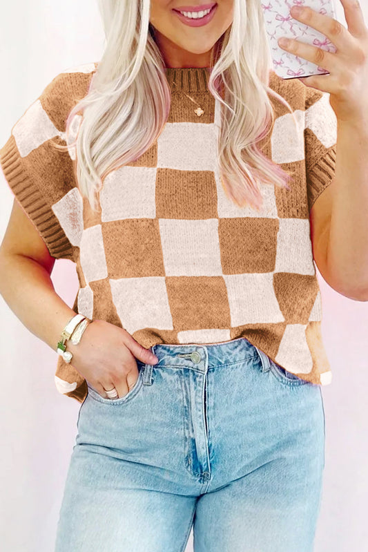 Light French Beige Checkered Knit Dolman Short Sleeve Sweater