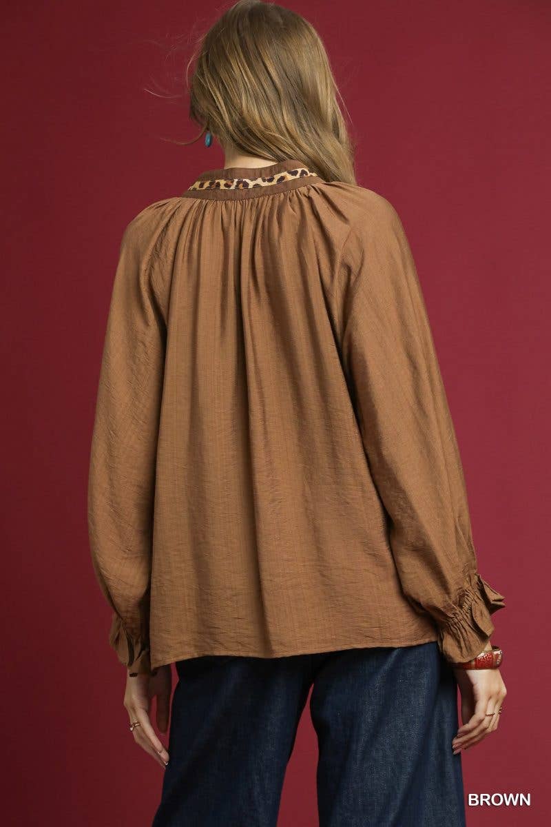 Leopard Trim V-neck Blouse